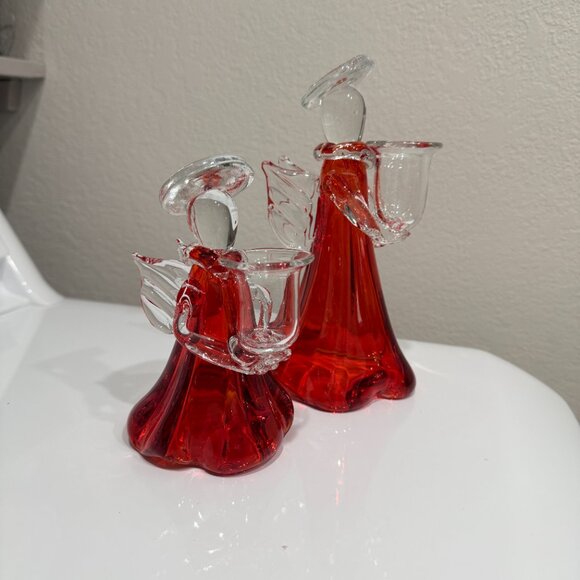 Mid Century Modern Thick Glass Angel Candle stick holders - Picture 7 of 14